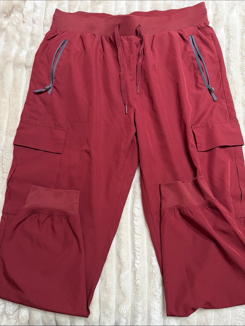 Women's Burgundy Cargo Jogger Pants with Drawstring Waist and Pockets